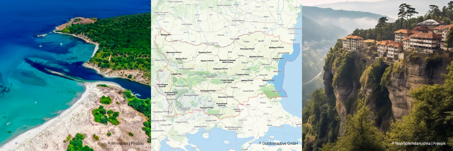 Bulgarien Landschaftsbild mit Landkarte und Blick auf eine Siedlung auf einem Felsen